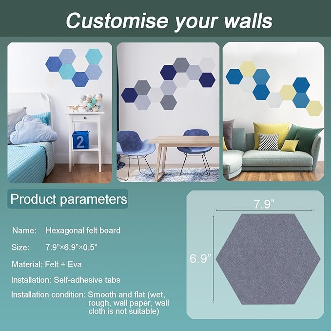 Felt Bulletin Board Tiles, 8 Pcs Hexagon Wall Tiles with Removable Adhesive, 7.9×6.9 Inch Cork Pin Board for Classroom, Home, Office (Set H, Middle)