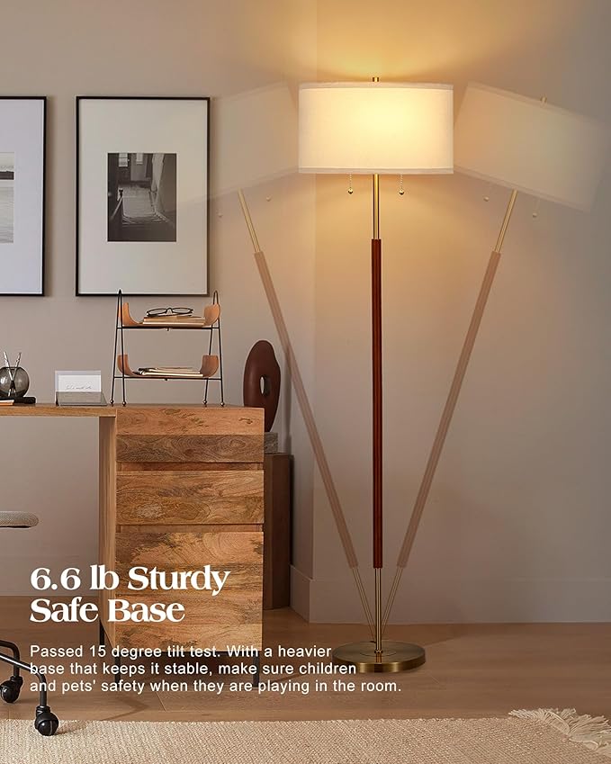 ELYONA 2-Light Wood Floor Lamp for Bedroom Mid Century Modern Standing Lamp White Fabric Shade Tall Pole Corner Light for Living Room Office 3 Color Temperatures 9W LED Bulbs Include, Brushed Brass