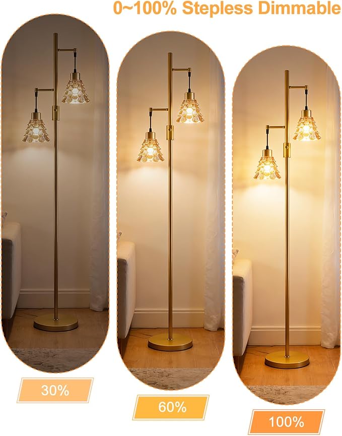 Lightdot 65IN Glass Floor Lamp for Living Room, 2- Light Gold Floor Lamps with Brown Glass Shade& 3000K Warm White Bulbs, Modern Standing Tall Lamp for Bedroom/Corner Beside/Home Decor