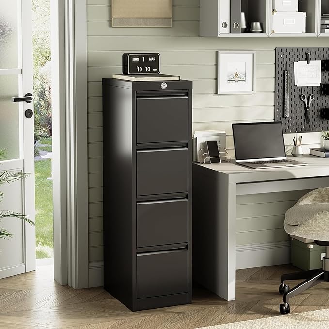 4 Drawer File Cabinet with Lock,Heavy Duty File Storage Cabine,Metal Vertical File Cabinet Office Home Vertical File Cabinet for A4 Legal/Letter Size Narrow File Cabinet Locked