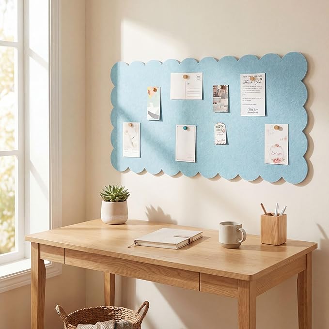 Scalloped Felt Bulletin Board Foldable Pin Cork Board Alternative for Wall Foldable Picture Vision Self Adhesive Bulletin Decorative(Light Blue,36 * 18 Inch)