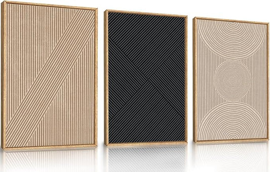 Ausril 3 Pcs Neutral Abstract Framed Wall Art, Mid Century Modern Canvas Wall Decor, Boho Geometric Line Wall Painting, Beige Minimalist Textured Art Print for Living Room Bedroom Office - 16x24inch