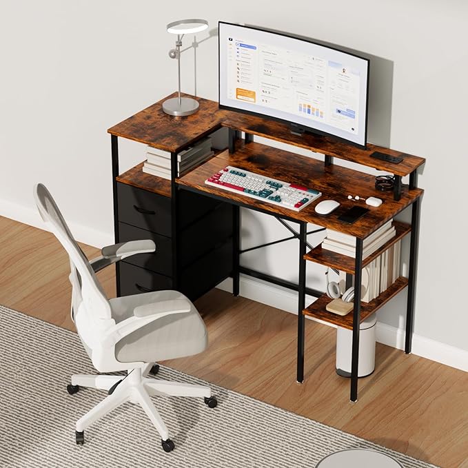 VINGLI 47 Inch L-Shaped Computer Desk, Small Computer Gaming Desk with Fabric Drawers & Storage Shelves, Charging Station, Monitor Stand for Home, Office, Brown