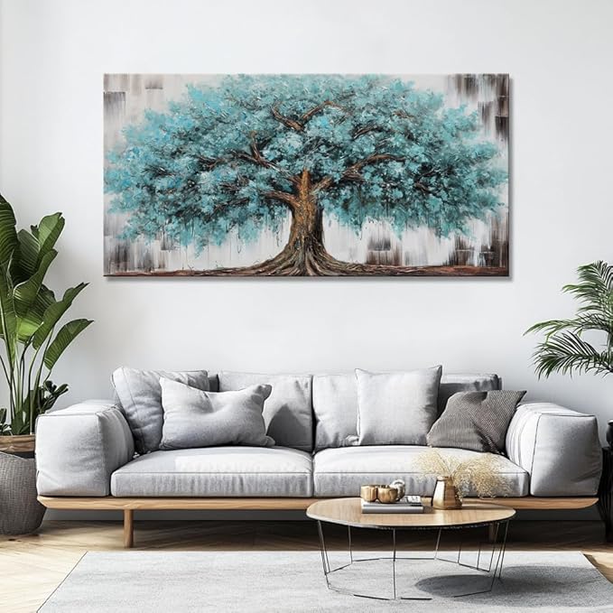 liysawg Wall Art Tree of Life Abstract Modern Artwork Blue Teal Tree Canvas Painting for Bedroom Living Room Office Large Decor 71"x36"