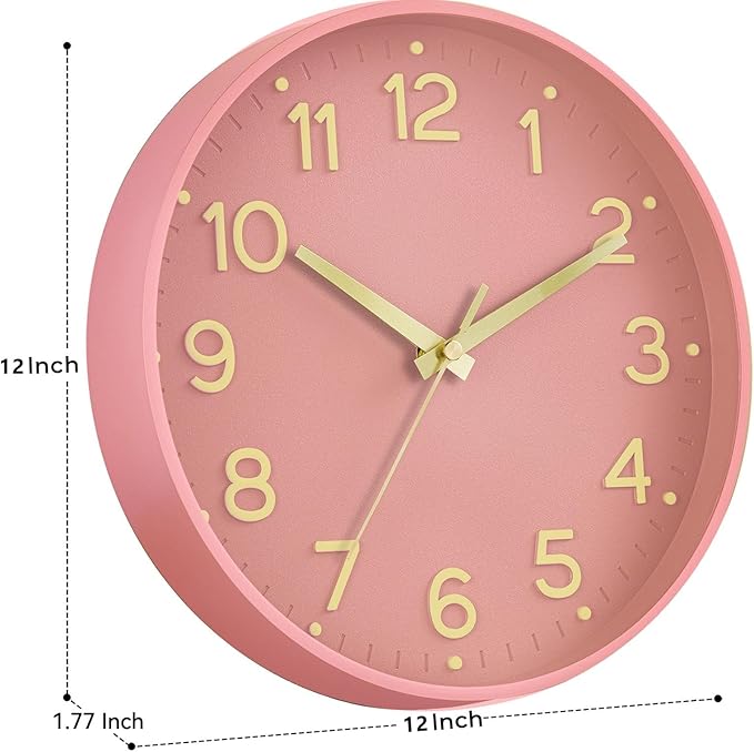 Wall Clock 12 Inch Silent Wall Clocks Battery Operated-Modern Non Ticking Analog Clock Decorative for Kitchen Bedroom Office (Pink Gold)