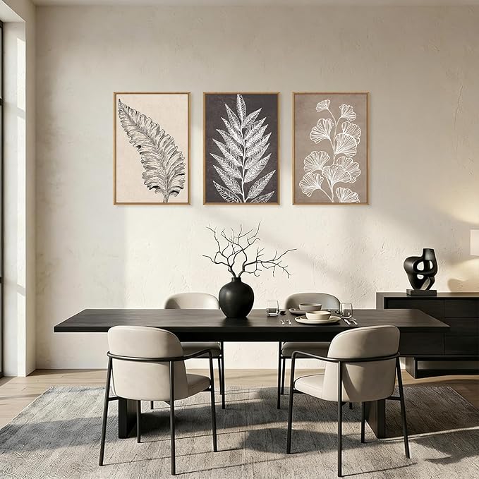 HOURIA Abstract Boho Fern Leaf Floral Framed Canvas Wall Art Set,Vintage Botanical Leaves Wildflower Decor,Modern Minimalist Nature Inspired Beige & Brown Artwork for Living Room,Farmhouse-16 x24 x3