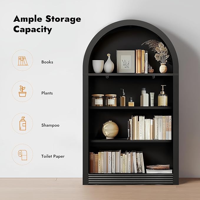 Bookcase, 4-Tier Tall Bookshelf, 47.6" Wood Open Display Floor Arched Book Shelf, Large Storage Organizer for Bedroom and Living Room Black