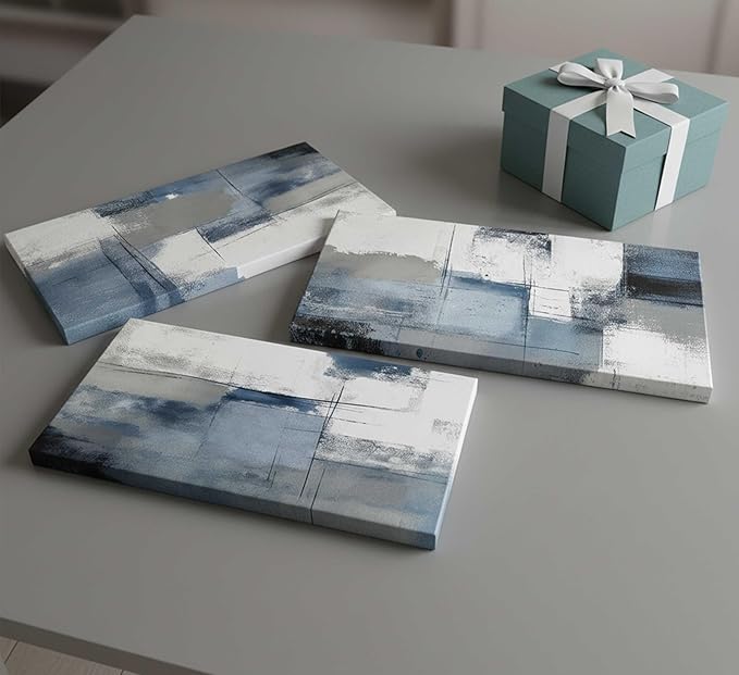 3 Pcs Navy Blue Abstract Canvas Wall Art Modern Minimalist Neutral Blue and Grey Paintings Pictures Wall Decor Poster Print Artwork for Living Room Bedroom Office Home Decoration