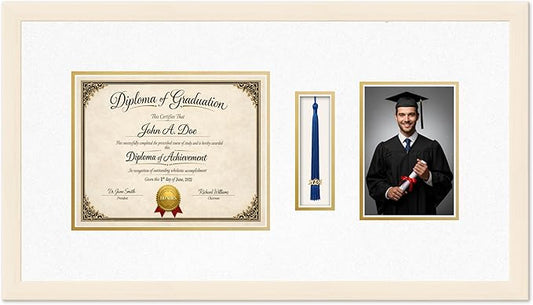 Diploma Tassel and Photo Frame Coastal Whitewash Shadowbox Oyster Shell Over Gold Mat - Fits 10 x 8 Degree Picture Made in the USA