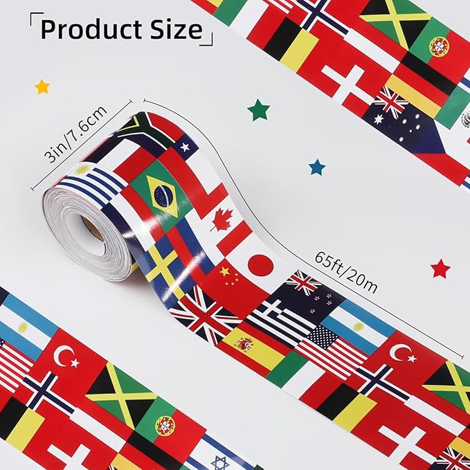 65 Ft International Flags Bulletin Board Borders, Diversity Country Flag Around The World Bulletin Board, Multicultural Decorations for Bulletin Board, Cork Board, Party, Classroom Decor