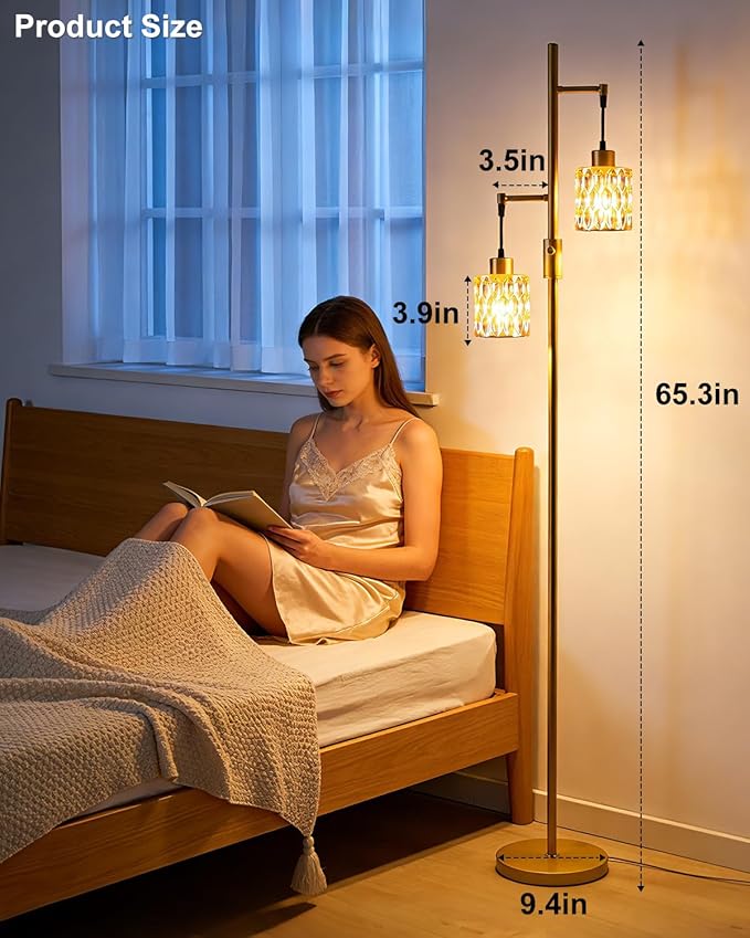 Lightdot 65IN Industrial Gold Floor Lamp for Living Room, 2- Light Dimmable Brown Glass Floor Lamps with 3000K Warm White Bulbs, Modern Farmhouse Tree Standing Tall Lamp for Bedroom Office Home Decor