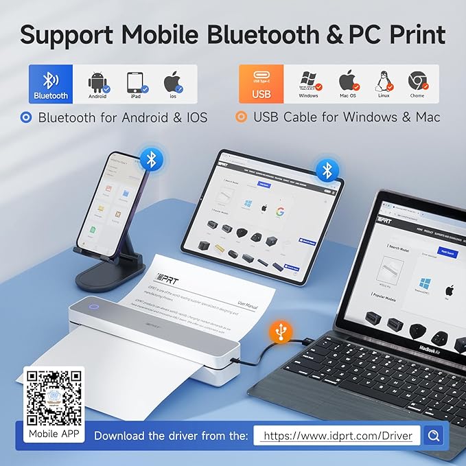 iDPRT Portable Printer Wireless for Travel, 300DPI Bluetooth Thermal Printer Support for 8.5"x11" US Letter, Inkless Compatible with iOS, Android, Laptop for Office, Car and Home, School (Renewed)