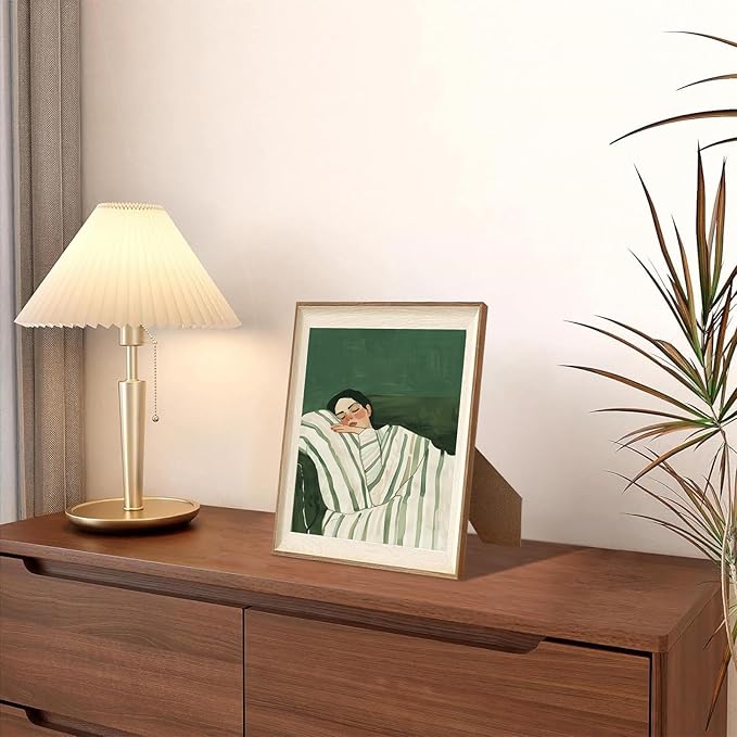 ASTRDECOR Minimalist Framed Wall Art - Cozy Woman Sleeping on Couch, Emerald Green & White Striped Blanket, Modern Aesthetic Bedroom or Living Room Décor, Eclectic Canvas Art Prints for Apartment 10x12Inch