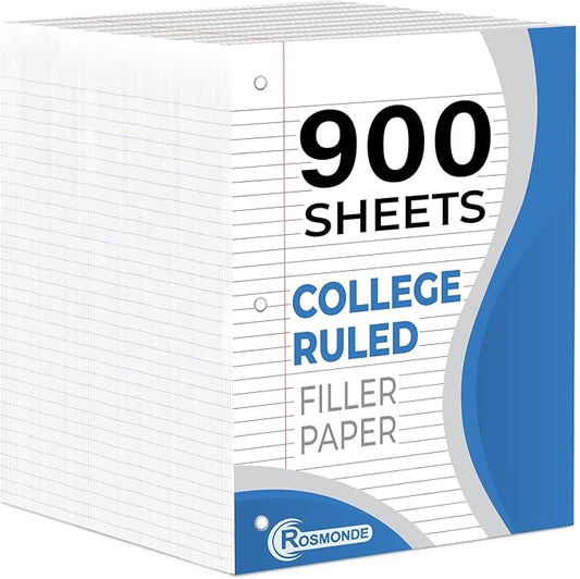 Rosmonde 6 Pack Loose Leaf Paper, 900 Sheets, College Ruled, 8" x 10.5", Bulk Office Filler Paper, 150 Sheets/Pack, 3 Hole Punched, College Ruled Paper for 3 Ring Binder, Notebook Paper, White