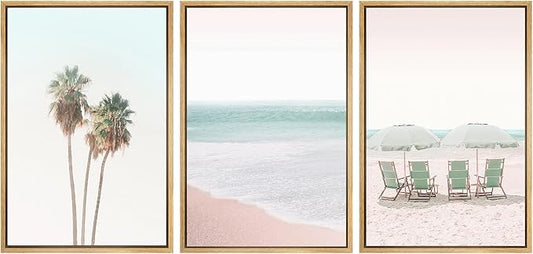 SIGNWIN Framed Canvas Print Wall Art Set Retro Vintage Pastel Tropical Island Beach Nature Wilderness Photography Modern Art Landscape Relax/Calm for Living Room, Bedroom, Office - 16"x24"x3 Natural