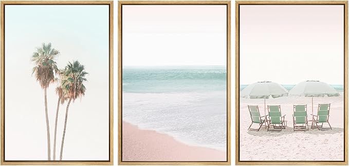 SIGNWIN Framed Canvas Print Wall Art Set Retro Vintage Pastel Tropical Island Beach Nature Wilderness Photography Modern Art Landscape Relax/Calm for Living Room, Bedroom, Office - 24"x36"x3 Natural