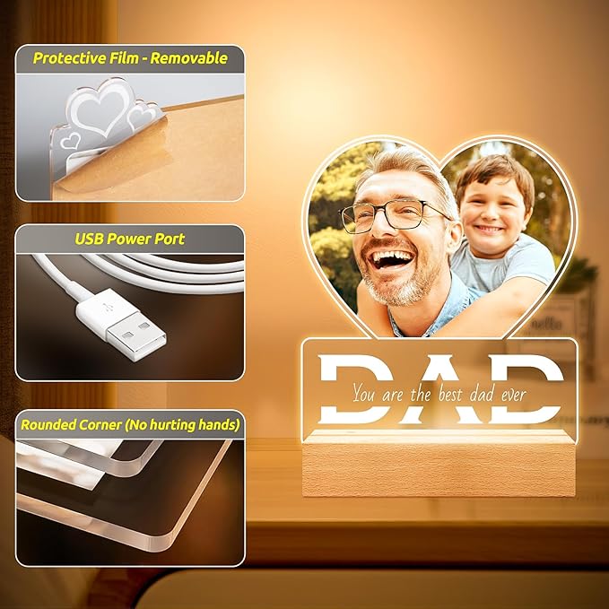 Personalized Gifts for Dad from Daughter Son, Personalized Picture Frame with Photo, Custom Photo Frame with Night Light, Customized Dad Birthday Gifts