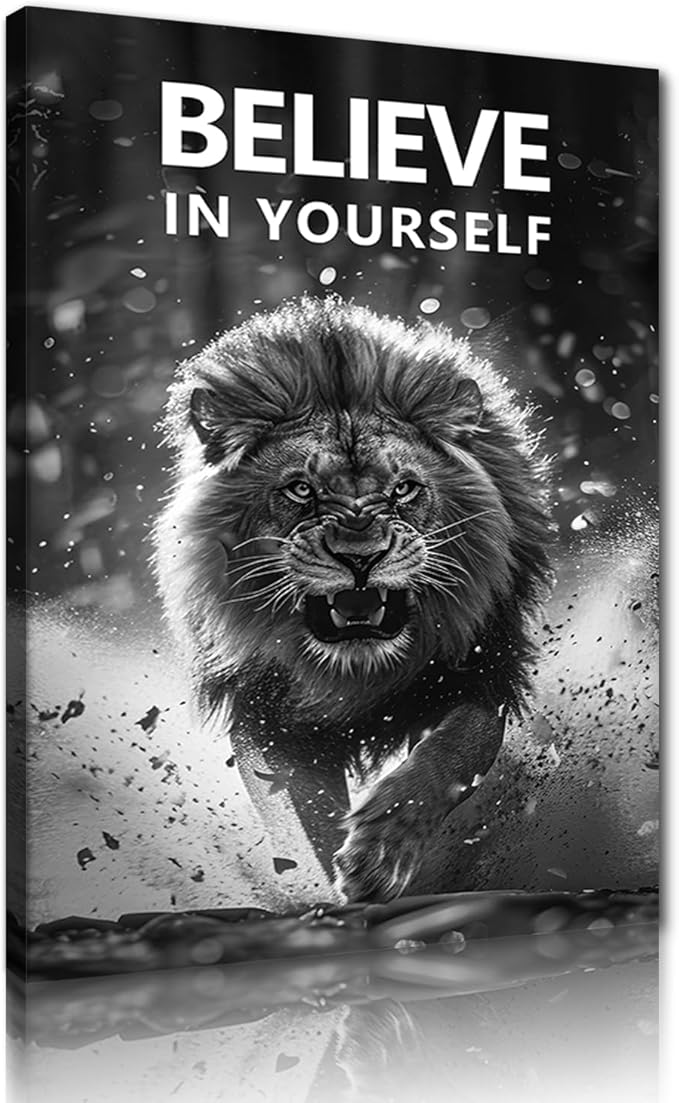 Yatsen Bridge Motivational Lion Canvas Wall Art Black & White Running Lion Poster BELIEVE Yourself Prints Wall Decor for Apartment Modern Home Bedroom Office Decoration Easy to Hand 18x24inch