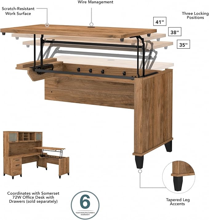 Bush Home Somerset 72W 3 Position Sit to Stand L Shaped Desk with Hutch in Fresh Walnut | Adjustable Height Table for Home Office