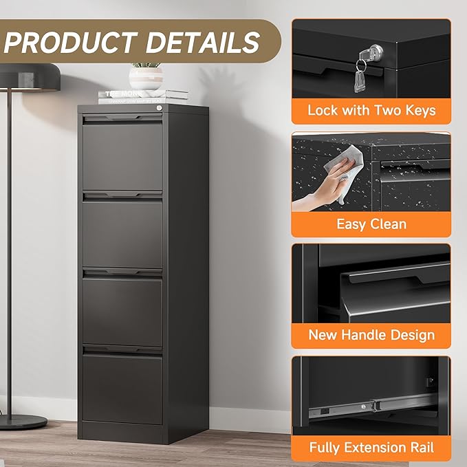 Coolsun Metal File Cabinet with Lock, 4 Drawer Filing Cabinet for Home Office, Locking Vertical Filing Cabinet for A4/F4/Lagel/Letter Assembly Required (Black, 4 Drawer)