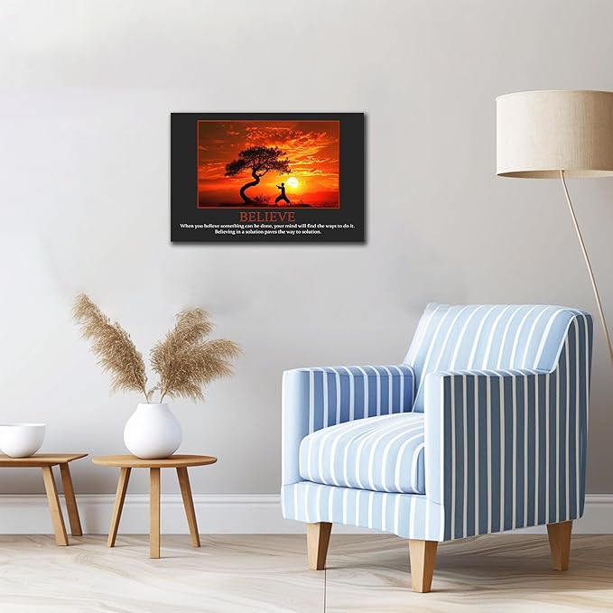UZMKM - Office Wall Art, Motivational & Inspirational Quotes Canvas Wall Art for Home Office Wall Decor, Positive Quote Wall Decor, BELIEVE Words Poster Frame for Company Wall Decor 18x24 Inch