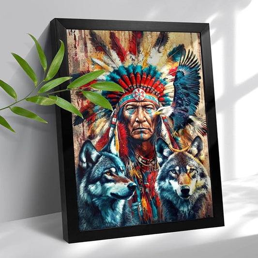 Native American Wall Art Indian Man and Eagle Wolf Pictures Wall Decor Black Framed Southwestern Indian Wall Art Canvas Print Artwork for Living Room Bedroom Home Decor 12×16 Inch