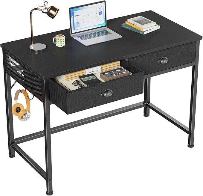 Furologee Small Computer Desk with 2 Fabric Drawers for Bedroom, 40 Inch Simple Home Office Desk for Small Space, Study Work Writing Table with Hooks for Kids Student, Black