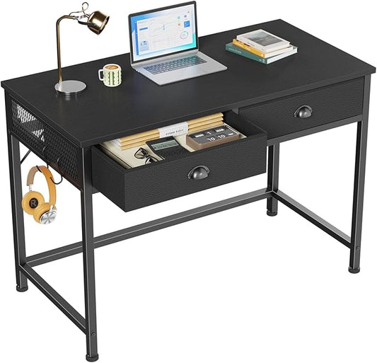 Furologee Small Computer Desk with 2 Fabric Drawers for Bedroom, 40 Inch Simple Home Office Desk for Small Space, Study Work Writing Table with Hooks for Kids Student, Black