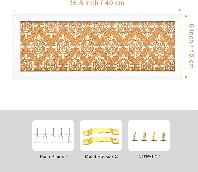 Long Decorative Cork Board for Walls, Bulletin Board with Floral Print, White Framed Pin Board Vision Board for Office School Bedroom and Dorm Room with Pins, Screws(1540,1pc)