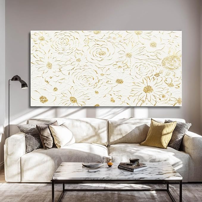 YJYart Large White Canvas Wall Art, Gold Flowers Wall Art for Wall Decor,Office Arts,Living Room or Bedroom Artwork Picture, Hallway Decoration 24"x48"