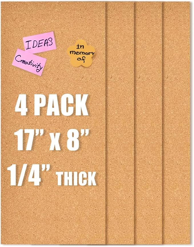17x8 Cork Tiles, 1/4" Thick Self-Adhesive Vision Board for Home, Office, School (6mm, 4pc)
