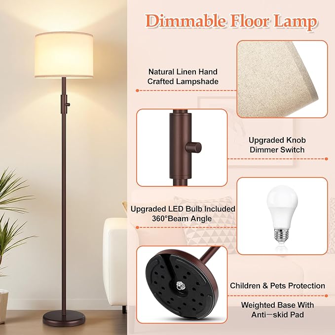 【Upgraded】 Dimmable Floor Lamp, Modern Floor Lamps for Living Room, Standing Lamp with Linen Shade, Tall Lamp for Bedroom Office Dining Room- Brown