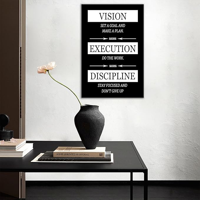 Inspirational Canvas Wall Art Poster Print Vision Execution Discipline Motivational Home Decor Quotes Picture Painting for Modern Bedroom Company Office Gym Stretched and Framed [12''Wx18''H]