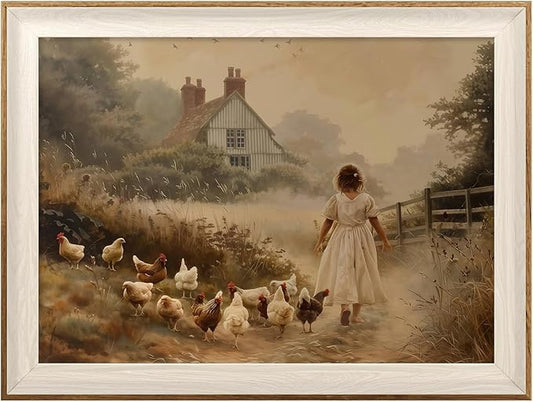 ASTRDECOR Framed Vintage Wall Art, Farmhouse Decor Girl Chicken Farm Canvas Painting Farmhouse Wall Decor, Vintage Rustic Artwork for Wall, Country Wall Decor for Kitchen Bedroom Living Room-12''x 16''