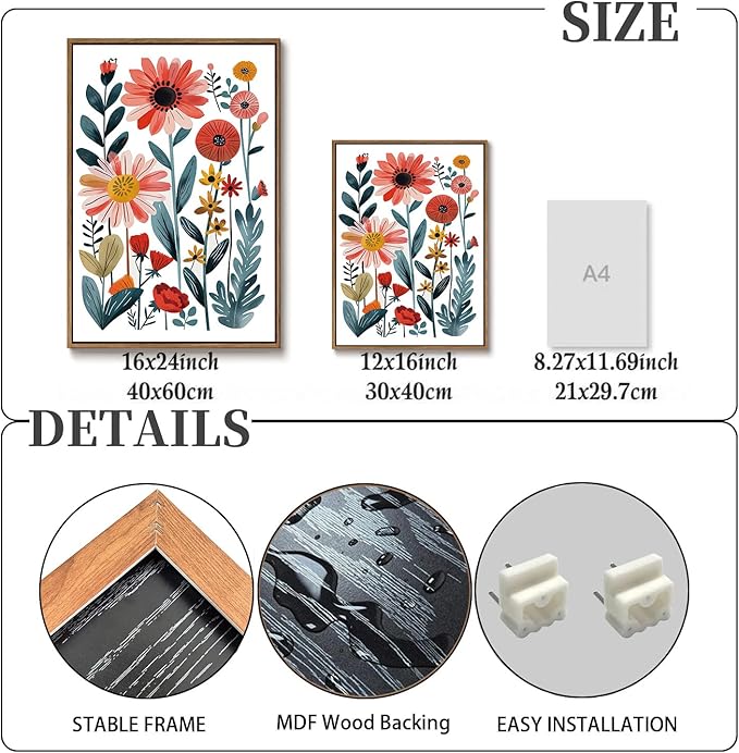 KISSFOX Framed Colorful Wildflower Canvas Wall Art Set Of 3 Flowers Pictures Prints Flowers Printing Floral Watercolors Flower wall Decor Living Room Girls Bedroom Bathroom