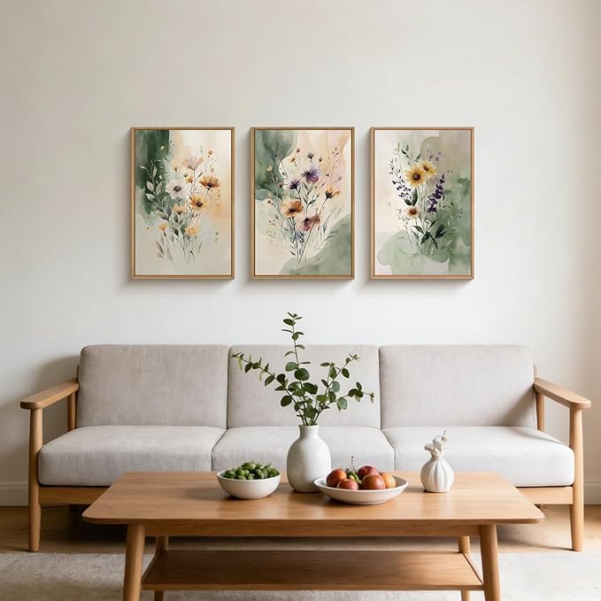 Large Vintage Wildflower Framed Canvas Wall Art,Rustic Watercolor Flowers Wall Decor,Boho Botanical Print,Retro Green Floral Artwork for Living Room,Bedroom,Dining Room -24"x36"x3