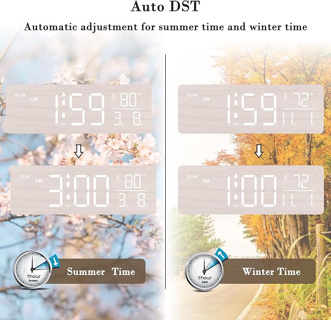 DreamSky Wooden Digital Alarm Clocks for Bedrooms – Large Display Desk Clock with Date & Day of Week for Living Room, Temperature, Dimmer, Adjustable Volume, Auto DST, Office Wood Décor (Plug-in)