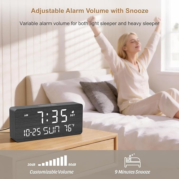DreamSky Wooden Digital Alarm Clocks for Bedrooms - Living Room Desk Clock with Date and Day of Week, Temperature, USB Port, Dimmer Wheel, Adjustable Volume, Auto DST, Wood Decor for Office Table