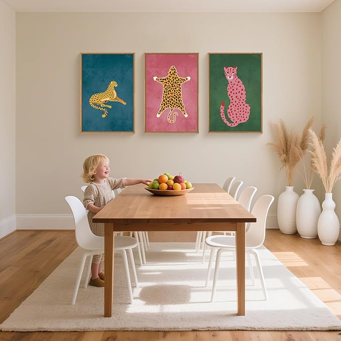 Ausril Cheetah Animals Framed Canvas Wall Art Set, Leopard Preppy Room Wall Decor, Modern Boho Cats Wall Painting, Pink Dot Cartoon Art Print for Living Room Bedroom Dinning Room Office 16"x24"x3