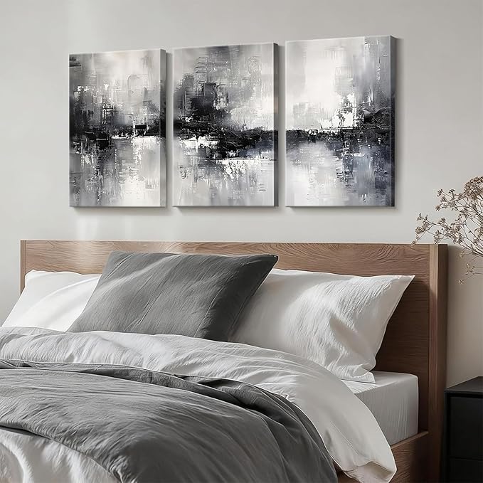 Dytila 3 Piece Large Black And White Abstract Canvas Wall Art for Living Room, Black And Grey Wall Decor, Modern Minimalist Art Print Pictures, Home Artwork - Dining Room Office Framed 16x24 Inch