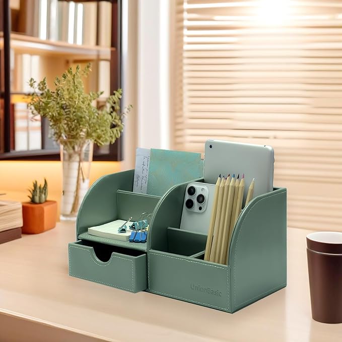 UnionBasic Desk Organizer - Multifunctional Leather Desktop Pen Holder Storage Box - Business Card/Pen/Pencil/Mobile Phone/Stationery Holder, Malachite Green