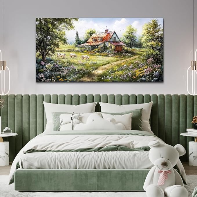 QIYILEXWART Canvas Wall Art For Living Room Large Wall Decor For Office Bedroom Decorations Grassland Pictures The Hut Paintings Modern Inspiration Artwork Room Ready To Hang