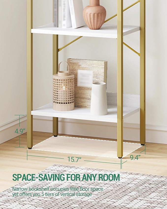 Bookshelf, Book Shelf, Industrial Bookcase with 2 Hooks, Coner Shelf Storage Organizer for Home Office, Living Room, Bedroom, Kitchen, 5-Tier White Gold BC10513G