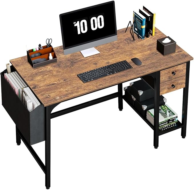Lufeiya Computer Desk with Drawers - 40 Inch Work Reversible Small Desk for Bedroom Home Office, Simple Study Writing Table PC Desks with Drawer Storage Shelves, Rustic Brown