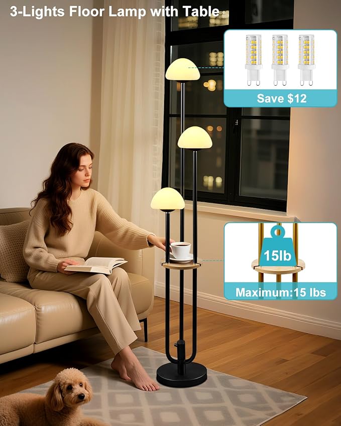 Lightdot Black Dimmable Floor Lamp with Table, Modern Floor Lamps for Living Room, 3000K Warm Lights Tall Standing Lamp with Mushroom Shades & Bulbs Included for Bedroom/Sofa Beside/Corner Decor