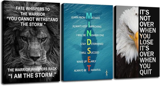3 Pieces Eagle Lion Inspirational Canvas Wall Art Office Wall Decor Motivational Quotes Mindset Poster Print Inspiring Animal Picture Artwork for Living Room Bedroom Home Decor Framed[60''Wx 28''H]