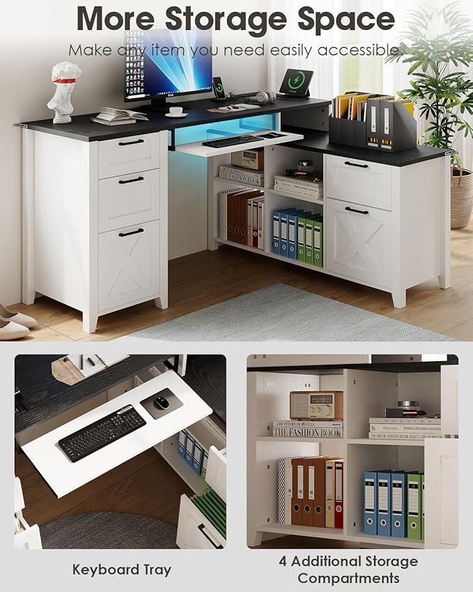 HOPUBUY Farmhouse L Shaped Executive Desk with Drawers, 59''Home Office Corner Desks with Charging Station,File Cabinets,Storage Compartments Wood Computer Desk Writing Table w/Keyboard Tray,White