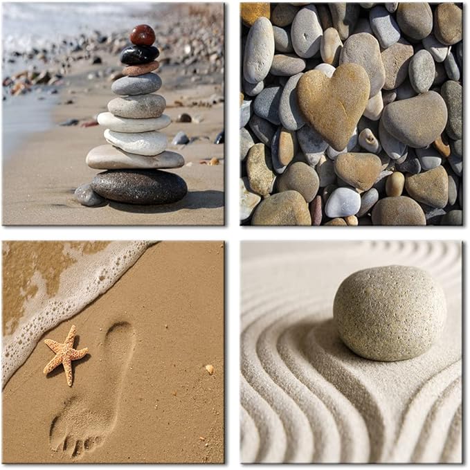 Wieco Art Canvas Prints Wall Art Romantic Beach Theme Zen Stone Pictures Paintings for Living Room Kitchen Home Decor Large Modern 4 Panels Stretched and Framed Seascape Sea Beach Artwork L