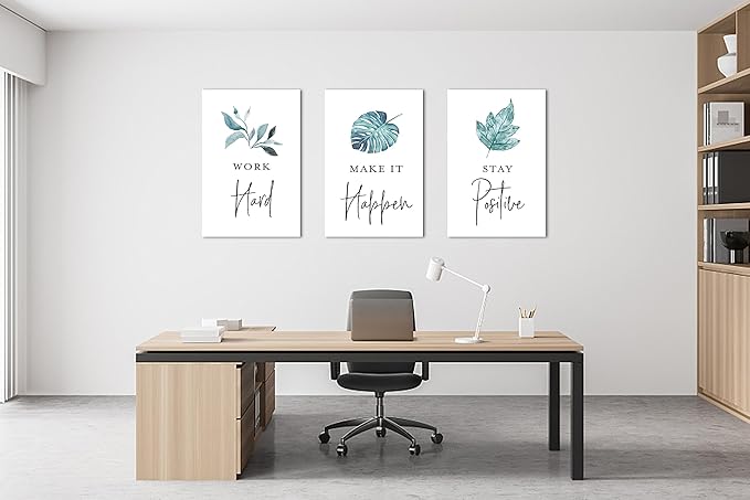 SHMAO 3 Piece Office Canvas Wall Art, Motivational Quotes Tropical Plants Canvas Print Pictures Wall Decor for Office, Men Women Inspirational Framed Artwork Home Office Decor 20''x30'' x 3 Pcs