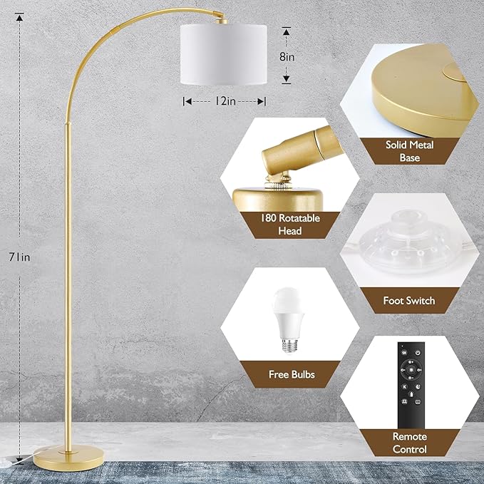 Arc Floor Lamps for Living Room, Modern Remote Control Standing FLamp with Stepless Dimmable, Gold Tall Lamp with White Drum Shade,Over Couch Arched Reading Light for Bedroom, Office(Bulb Included)
